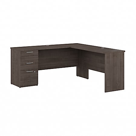 Bestar Logan 65"W L-Shaped Corner Desk With Drawers, Medium Gray Maple