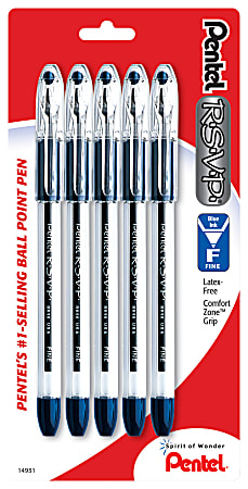 Pentel® R.S.V.P.® Ballpoint Pens, Fine Point, 0.7 mm, Clear Barrels, Blue Ink, Pack Of 5
