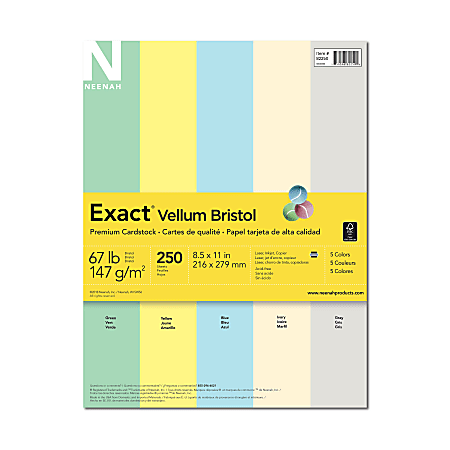 Exact® Vellum Bristol Cover Stock, 8 1/2" x 11", 67 Lb, Assorted Colors, Pack Of 250 Sheets