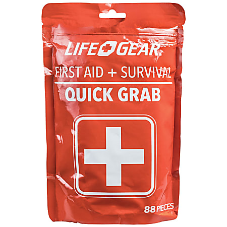 Life+Gear Quick Grab First Aid & Survival Kit, 9-15/16”H x 6-5/16”W x 5-1/2”D, Red, Set Of 88 Pieces