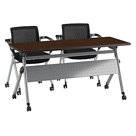 Bush Business Furniture 60"W x 24"D Folding Training Table With Set Of 2 Folding Chairs, Mocha Cherry/Cool Gray Metallic, Standard Delivery