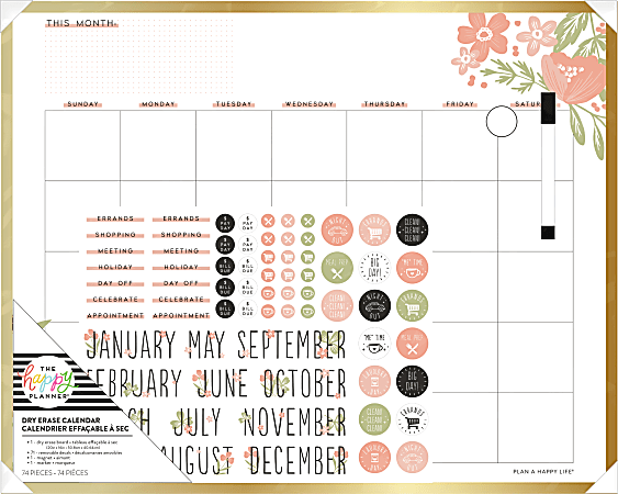 Happy Planner Non-Magnetic Dry-Erase Calendar Board, Tinned Iron, 20” x 16”, Happy Florals, Brushed Gold Metal Alloy Frame