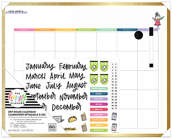 Happy Planner Non-Magnetic Dry-Erase Calendar Board, Tinned Iron, 20” x 16”, Stick Girls, Brushed Gold Metal Alloy Frame