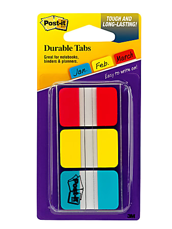 Post-it Durable Tabs 686A-1, 2 in x 1.5 in (50.8 mm x 38 mm) Beige, Green, Red, Canary Yellow 24 pk/cs