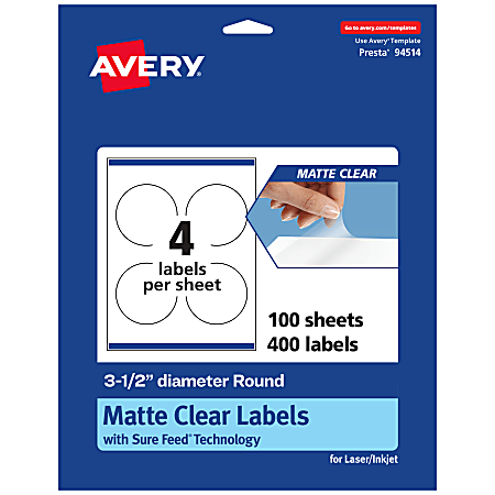 Avery® Permanent Labels With Sure Feed®, 94514-CMF100, Round, 3-1/2", Matte Clear, Pack Of 400