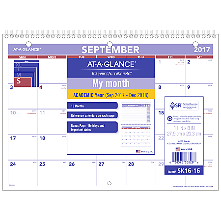 AT-A-GLANCE® 16-Month Mini Academic Desk/Wall Calendar, 11" x 8", September 2017 to December 2018