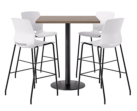 KFI Studios Proof Bistro Square Pedestal Table, Includes 4 Stools, 43-1/2”H x 42”W x 42”D, Studio Teak Top/Black Base/White Chairs - 840031941831