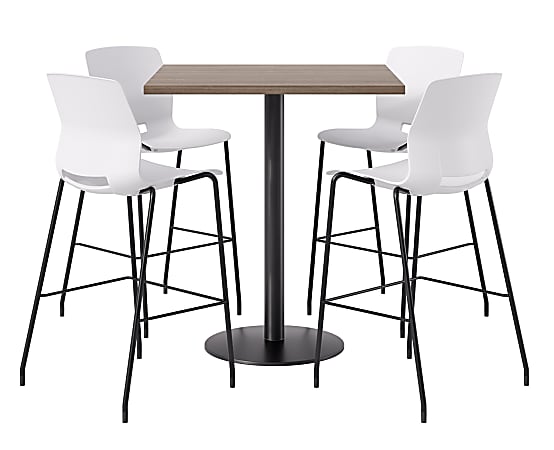 KFI Studios Proof Bistro Square Pedestal Table With Imme Bar Stools, Includes 4 Stools, 43-1/2”H x 42”W x 42”D, Studio Teak Top/Black Base/White Chairs