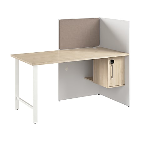Bush Business Furniture Hustle 60-inch Cubicle Desk for Office with Locking Storage Cabinet, White/Natural Elm, Standard Delivers