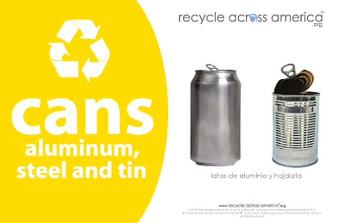 Recycle Across America Aluminum, METAL-5585, Steel And Tin Cans Standardized Recycling Labels, 5 1/2" x 8 1/2", Yellow