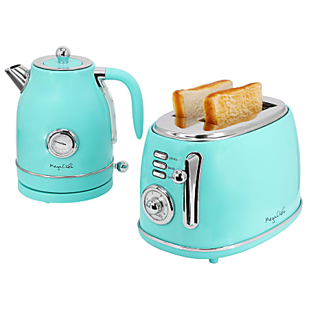 MegaChef 1.7 Quart Electric Tea Kettle and 2 Slice Toaster Combo in Turquoise