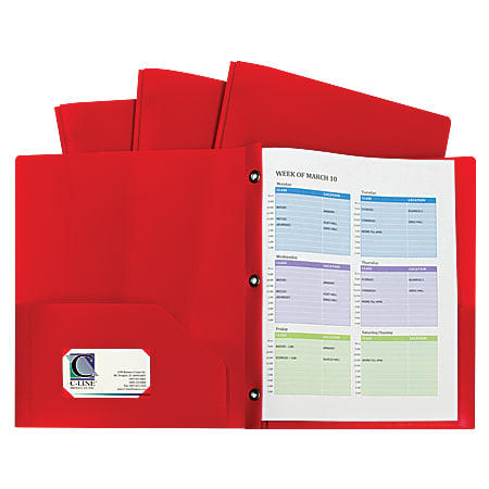 3 Folders Red 8.5 x 11 2-Pocket Poly Folders with Business Card Slot 
