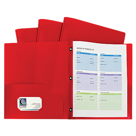 C-Line 2-Pocket Poly Portfolio Folders With Prongs, 8-1/2" x 11", Letter Size, Red, Pack Of 10 Folders