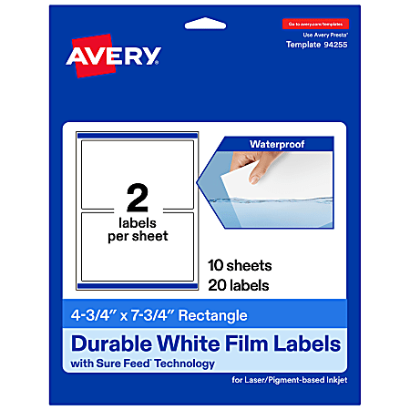 Avery® Waterproof Permanent Labels With Sure Feed®, 94255-WMF10, Rectangle, 4-3/4" x 7-3/4", White, Pack Of 20