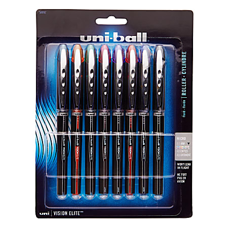 uni-ball® Vision™ Elite™ Liquid Ink Rollerball Pens, Micro Point, 0.5 mm, Black Barrels, Assorted Ink Colors, Pack Of 8