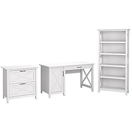 Bush Furniture Key West 54"W Computer Desk With 2-Drawer Lateral File Cabinet And 5-Shelf Bookcase, Pure White Oak, Standard Delivery