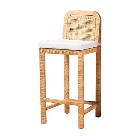 bali & pari Zariah Modern Bohemian Rattan And Mahogany Wood Bar Stool With Back, White/Natural Brown