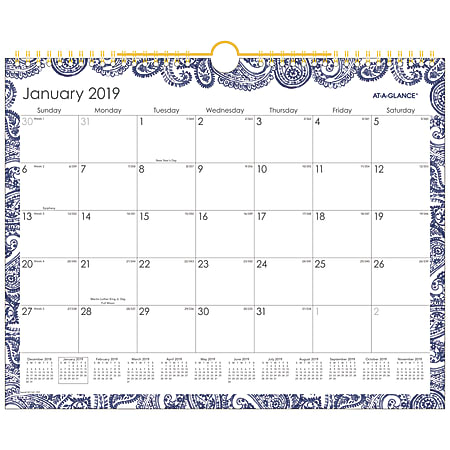 AT-A-GLANCE® Monthly Wall Calendar, 14 7/8" x 11 7/8", Paige, January 2019 to December 2019