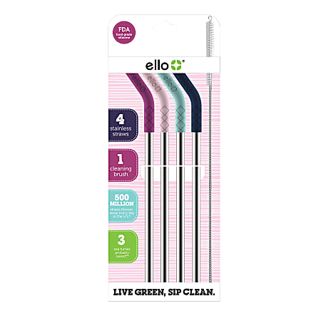 Ello Adult Stainless Reusable Straws, 9-3/4", June Breeze, Pack Of 4 Straws
