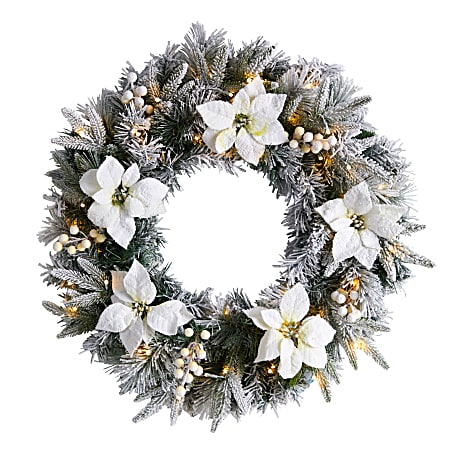 Nearly Natural 24”H Flocked Poinsettia And Pine Artificial Christmas Wreath With 50 LED Lights, 24” x 5”, Green