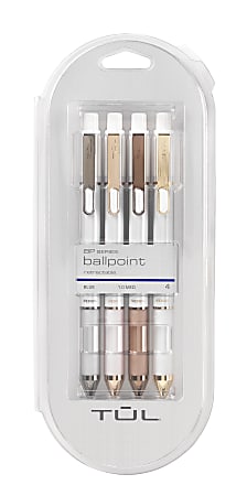 TUL® BP Series Retractable Ballpoint Pens, Bullet Point, 1.0 mm, Pearl White Barrel, Blue Ink, Pack Of 4 Pens