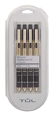 TUL® BP Series Retractable Ballpoint Pens, Medium Point, 1.0 mm, Black Barrels With Gold Block, Black Ink, Pack Of 4 Pens