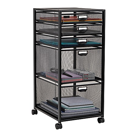 Mind Reader Metal Mesh 5-Drawer Rolling Office Cart, 25" x 10 3/4" x 13 3/4", Black