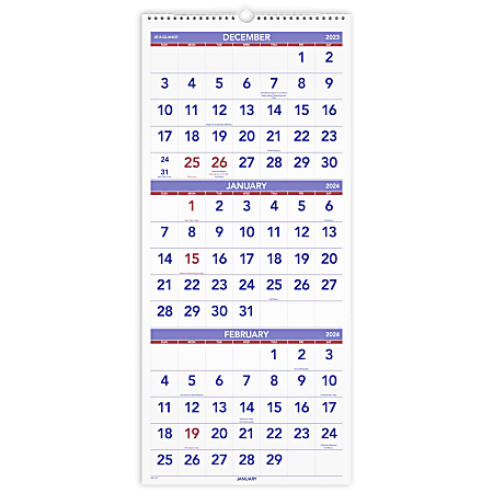 2024 Wall Calendar - 3-Month Display Vertical Calendar 2024, Dec 2023 - Jan  2