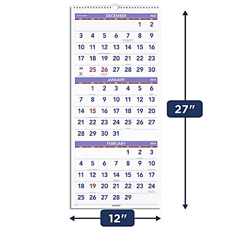 2024 Wall Calendar - 3-Month Display Vertical Calendar 2024, Dec 2023 - Jan  2