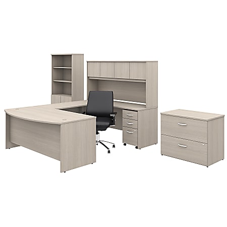 Bush Business Furniture Studio C 72"W U-Shaped Desk With Hutch, Bookcase, File Cabinets And Mid-Back Office Chair, Sand Oak, Premium Installation