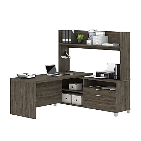 Bestar Pro-Linea 72”W L-Shaped Corner Desk With Single Shelf Hutch, Walnut Gray