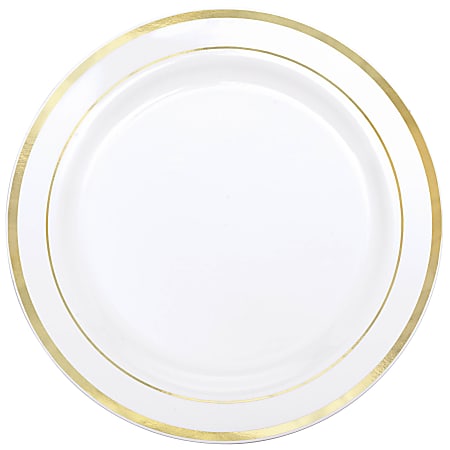 Amscan Premium Plastic Plates With Trim, 7-1/2", White/Gold, Pack Of 20 Plates