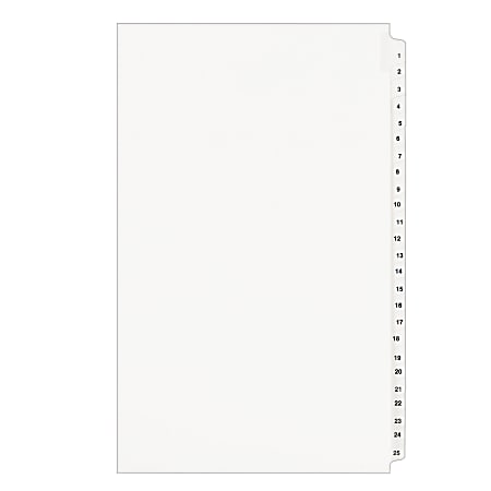 Avery® 30% Recycled Preprinted Laminated Gold-Reinforced Legal Exhibit Tab Dividers, 8 1/2" x 14", White Dividers/White Tabs, 1-25, Pack Of 25