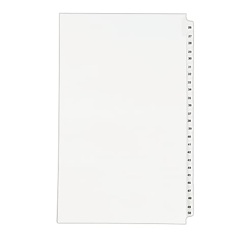 Avery® 30% Recycled Preprinted Laminated Gold-Reinforced Legal Exhibit Tab Dividers, 8 1/2" x 14", White Dividers/White Tabs, 26-50, Pack Of 25