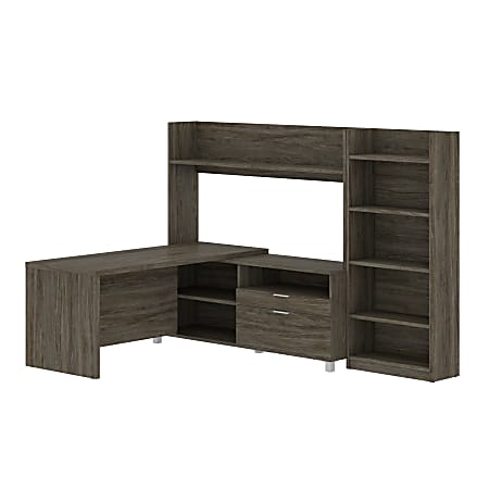 Bestar Pro-Linea L-Shaped Desk With Hutch And Bookcase, Walnut Gray