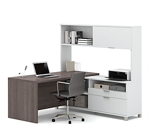 Bestar Pro-Linea 72”W L-Shaped Corner Desk With Drawers And Hutch, Bark Gray