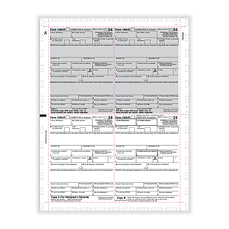 ComplyRight® 1099-R Pressure-Seal Tax Forms, 4-Up, Copy B/C/2/2, V-Fold Duplex, Laser, 11", White, Pack Of 500 Forms