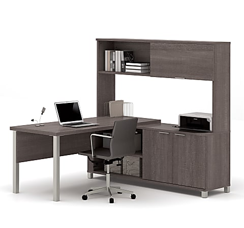 Bestar Pro-Linea 72"W L-Shaped Computer Desk With Metal Legs And Hutch, Bark Gray