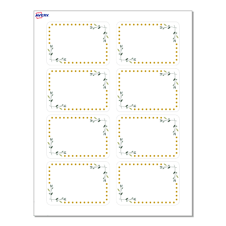 Avery® Adhesive Name Badges, S00-EY9-PRFNB10, Rectangle, 2-1/3" x 3-3/8", Matte White, Preprinted Green Florals with Gold Dots Design, Pack Of 80
