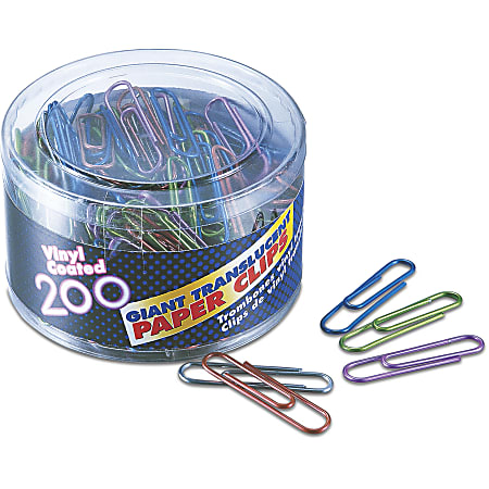 OIC® Translucent Vinyl Paper Clips, Giant, Assorted Colors, Box Of 200 Clips