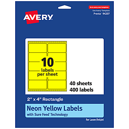 Avery® Printable Labels With Sure Feed® Technology, 94207-NYP40, Rectangle, 2" x 4", Matte Neon Yellow, Pack of 400