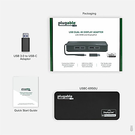 Plugable 4K DisplayPort and HDMI Dual Monitor Adapter for USB 3.0 and USB C Compatible with Windows and Mac
