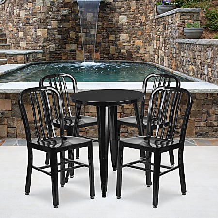 Flash Furniture Commercial-Grade Round Metal Indoor/Outdoor Table Set With 4 Vertical Slat-Back Chairs, Black