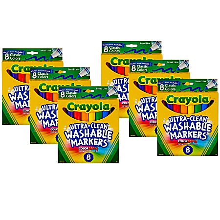 Crayola Ultra-Clean Markers, Pack Of 6 Boxes, Conical Tip, Classic Colors, 8 Markers Per Box