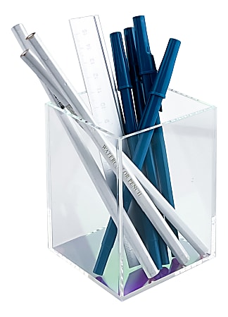 Realspace® Acrylic Pen Cup, 4"H x 3"W x 3"D, Clear/Iridescent