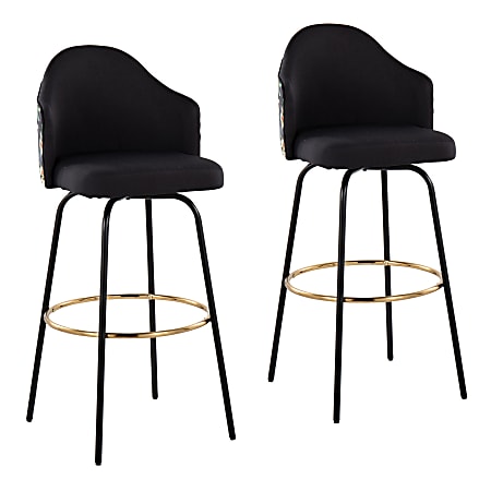 LumiSource Ahoy Floral Fixed-Height Bar Stools, Black/Gold, Set Of 2 Stools