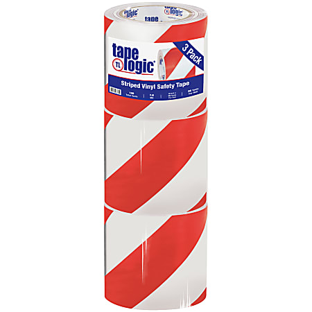 BOX Packaging Striped Vinyl Tape, 3" Core, 4" x 36 Yd., Red/White, Case Of 3