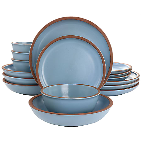 Soho Lounge Lagos 16 Piece Terracotta Double Bowl Dinnerware Set, Solid Matte Blue