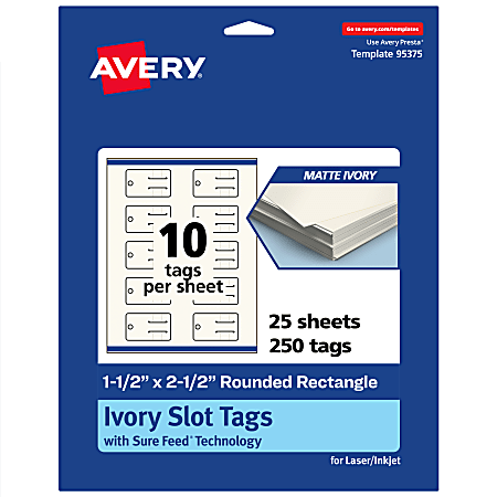 Avery® Print-To-The-Edge Slot Tags With Sure Feed® Technology, 1-1/2"x2-1/2" Rectangle Rounded, Matte Ivory, Pack Of 250