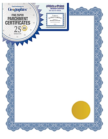 Geographics Parchment Certificates, 8-1/2" x 11", Optima Blue, Pack Of 25